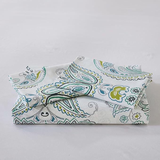 100% Cotton Floral Duvet Cover King - Green Paisley Comforter Cover 3-PC, Soft & Breathable Bedding Duvet Cover Sets with Zipper Closure & Corner Ties, Retro Duvet Cover Sets
