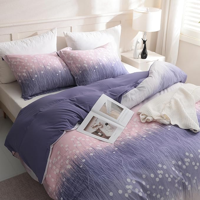 LONAVA King Patchwork 3 Pcs Duvet Cover Set, Breathable Soft Microfiber Purple Lining Comforter Cover with Zipper Closure, and 2 Anti-Pilling, Fade Resistant Pillowcases, Purple Blossom