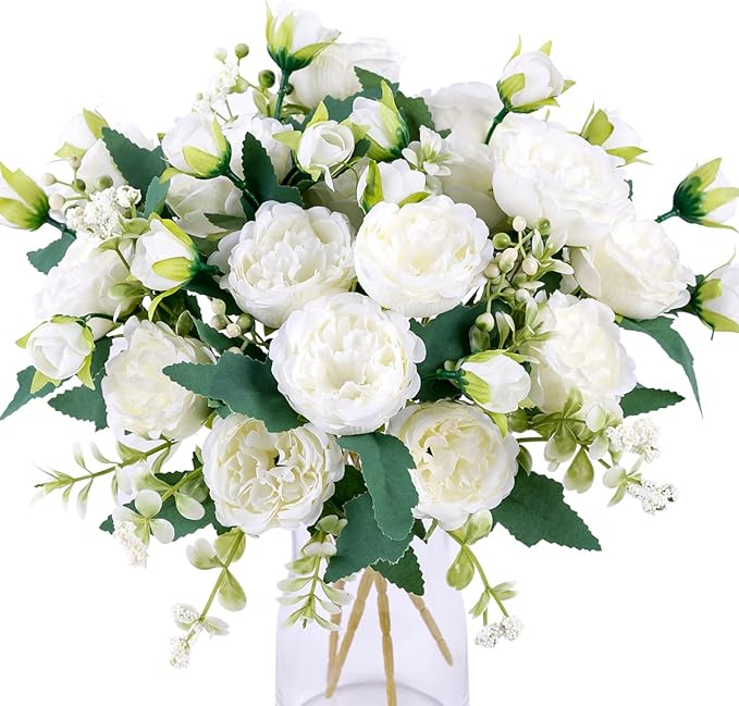 Floweroyal 12 Bunches Peony Artificial Flowers White Flowers Silk Peonies Bouquets for Wedding Party Table Centerpieces Floral Arrangement Home Kitchen Decor