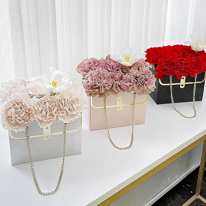 White Flower Paper Gift Box, Waterproof Bouquet Storage Bucket Florist Handbag with Metal Chain Flower Boxes for Wedding Mother's Day Birthday Bridal Etc Shower Gift Wrap Craft-4 Pcs