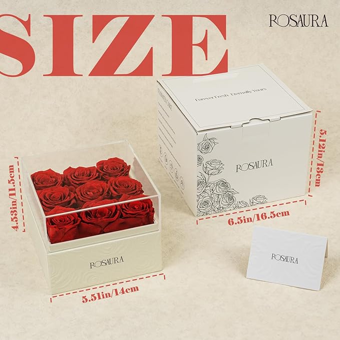 Rosaura Square Preserved Roses Gift Box - Real Forever Flowers in Clear Acrylic Lid, Valentine's for Women (red, 9 Roses)