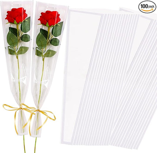 BEISHIDA 100 Pcs Single Rose Sleeve Bouquet Bags Kraft Paper Flower Bouquet Wrapping Paper Clear Single Flower Sleeve Rose Packaging For Mother's Day,Wedding,Valentine's Day(15.7 X 4.7in-White)