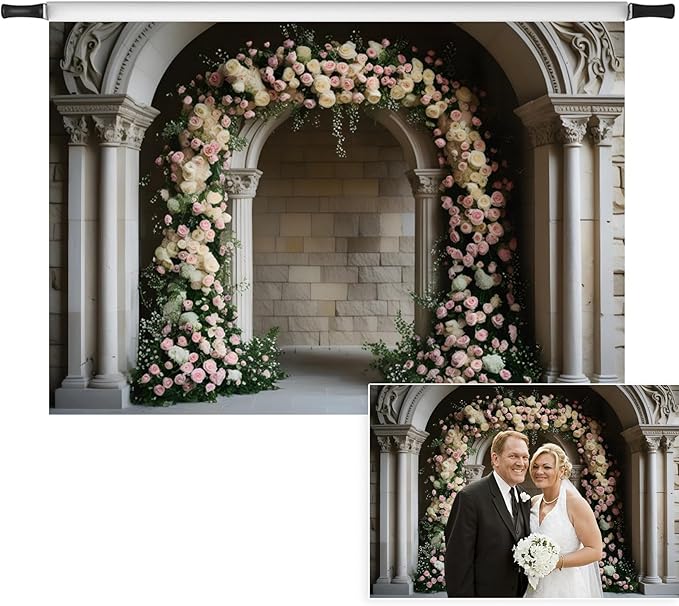 7x5ft Vintage White Pink Floral Backdrop Retro Palace Wall Flowers Arch Photography Background for Wedding Mothers Day Valentines Day Bridal Birthday Princess Couples Women Portraits