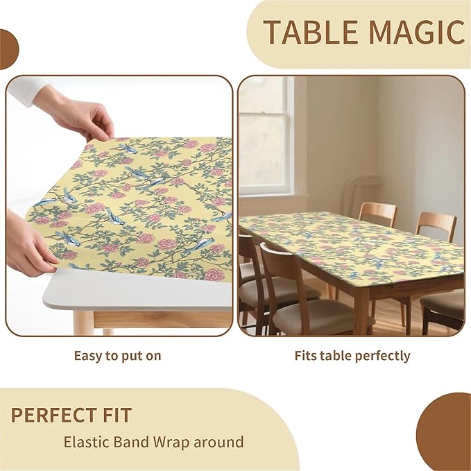 Rectangle Table Cloth Cover Waterproof Elastic Fitted Polyester Fitted Tablecloths for 4 Foot Tables for Indoor,Picnic, Camping, Outdoor （48" x 30"，Bird）
