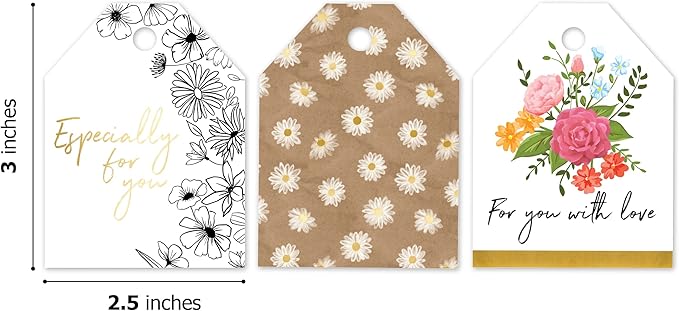 Pro Supply Global Spring Floral Theme Gift Tags - 2.5x3 Inch 24 Pack with 3 Design Styles Assorted Cardstock Prints Pre-Strung Hanging Labels Suitable for Wrapping Favors DIY Presents & Packaging Bags