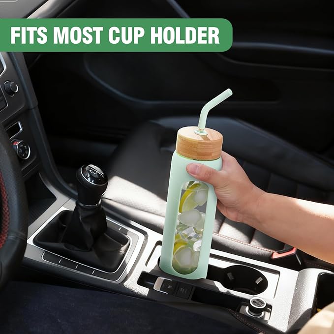 24 oz Glass Water Bottle, Glass Tumbler with Straw, Reusable Drinking Bottles with 2 Lids-Handle Lid&Bamboo Straw Lid, Silicone Sleeve, for Sports, Home,1 Pack-Mustard