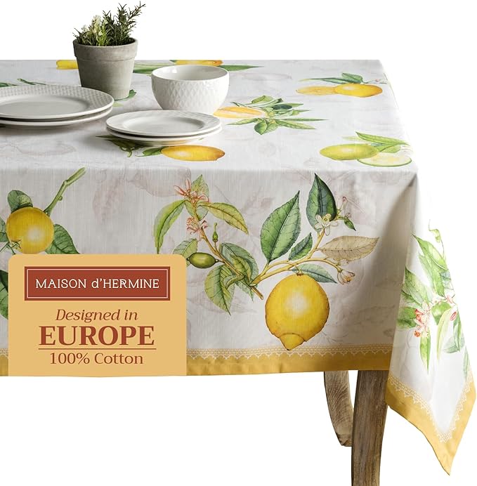 Maison d' Hermine Table Cloth Rectangle Table 100% Cotton 60 x 90 Inches Tablecloth Reusable Decorative for Dining Room, Farmhouse, Home, Party, Festive & Wedding Spring Summer - Limoncello