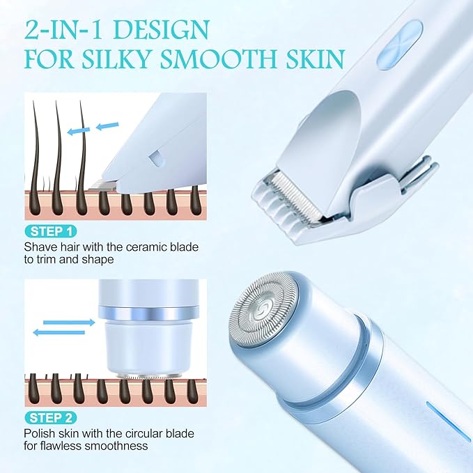 2025 New 2 in 1 Bikini Trimmer for Women, Bikini Shaver with Dual Head, Painless Smooth Shave & Gentle Pubic Hair Removal, Cordless & IPX7 Waterproof Electric Trimmer for Sensitive Skin (Blue)
