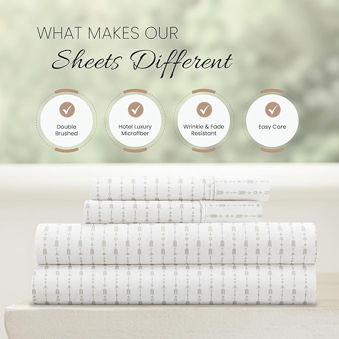 Linen Market Double-Brushed Patterned Microfiber Full Sheet Set 4 Piece – Oeko-TEX Certified Ultra Soft & Wrinkle-Free - 16" Deep Pocket Sheets - Easy Care Full Size - Beaded Arrows Light Gray
