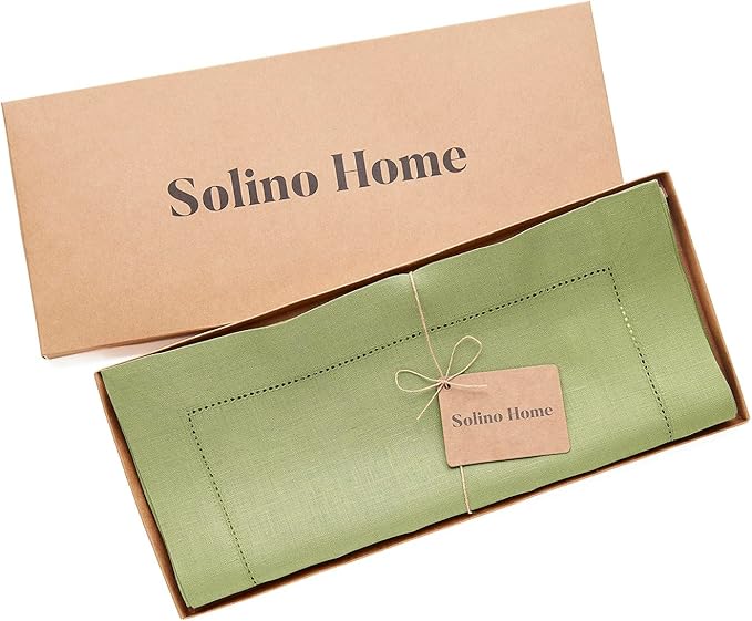Solino Home Linen Moss Green Table Runner 156 Inches Long - 100% Pure Linen Extra Long Table Runner 14 x 156 Inch for Spring, St Patricks Day, Easter - Classic Hemstitch