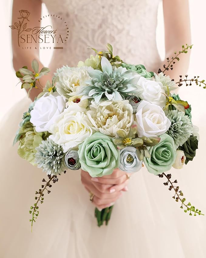 Senseya Artificial Flowers Combo Set, Green Silk Roses, Peonies, Dahlias with Stems for DIY Wedding Bouquets, Baby Shower, Table Centerpieces, Home Decor, Fake Floral Arrangements, Party Decorations