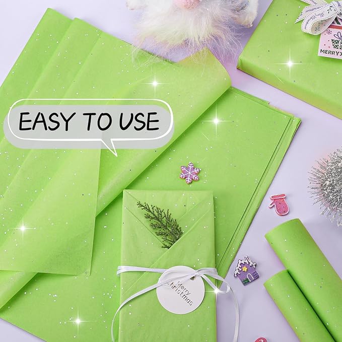 woric 135 Sheets Glitter Tissue Paper for Gift Bags 20 x 14 Inch Light Green Tissue Paper for Gift Wrapping Art DIY Crafts Birthday Wedding Christmas Decor