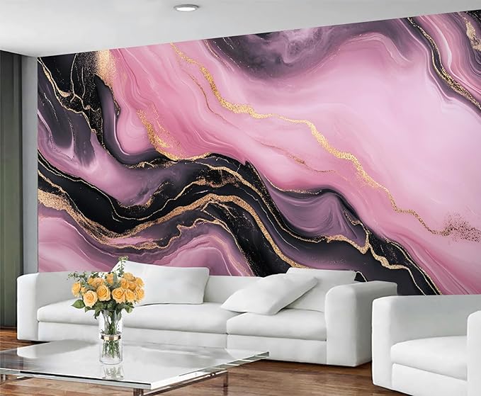 Pink Black Marble Wall Mural, Luxury Fluid Art 3D Wall Murals, Gold Vein Abstract Marble Wallpaper Mural, for Living Room Bedroom Large Wallpaper Indoor Decor 157.5" W x110.3 H