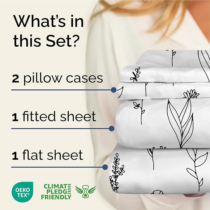 Floral Sheets - Black & White Floral Bed Sheet Set - 1 Flat, 1 Fitted & 2 Pillowcases w/ Deep Pockets - Wrinkle & Fade Free - Boho Botanical Bedding - Ultra-Soft, Breathable & Cooling - King Size Set