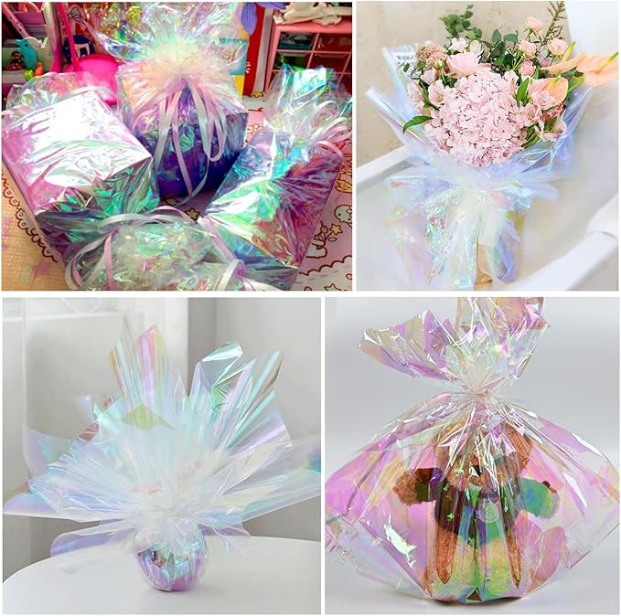 Giiffu Iridescent Cellophane Wrap Roll, 34" Wide x 50 Ft Long | Holographic Film for Gift Baskets, Floral Bouquets, Easter Gifts & Craft Projects