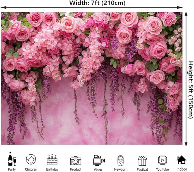 Pink Rose Flower Wall Backdrop for Birthday, Wedding, Bridal Shower, Valentine Day Party Decorations Pregnant Mother Portrait Photo Background (7x5ft)