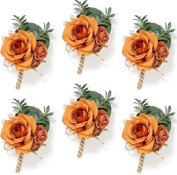 Serwalin 6PCS Orange Rose Boutonniere for Men Wedding Groom Groomsmen Best Man Boutonniere for Wedding Ceremony Anniversary Prom Flowers Formal Dinner Party, Orange