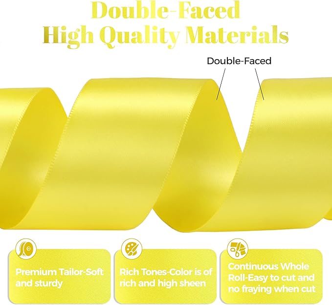 Lemon Yellow Satin Ribbon, Double Faced 2 Inch X 50 Yards Lemon Yellow Ribbon, Premium Satin Ribbon for Gift Wrapping, Crafts, Hair Bow Making, Sewing, Flower Bouquet, Wedding Party Decor