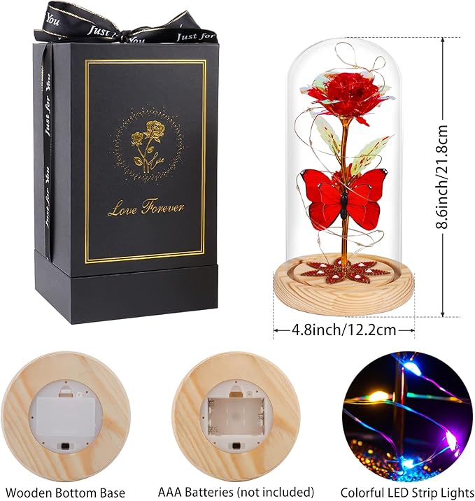 Beferr Christmas Rose Gifts for Women Mom Birthday Gifts, Galaxy Glass Rose Forever Preserved Flowers for Delivery Prime Light Up Rose in Glass Dome with Butterfly Xmas Gifts for Grandma Her Wife, Red