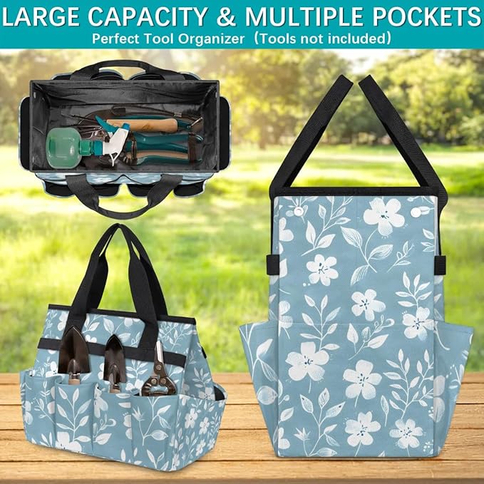 Garden Tool Bag Organizer Garden Tote Bag with Pockets Pattern Small Flowers Tool Storage Organizer Gardening Tool Kit Holder 13" x 6.8" x 2.8"