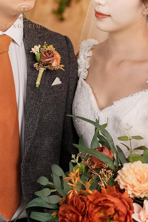 TINGE TIME Boutonniere for Men, Groom and Best Man Boutonniere for Wedding Ceremony Anniversary, Formal Dinner Party and Rustic Fall Wedding Marriage (Terracotta)