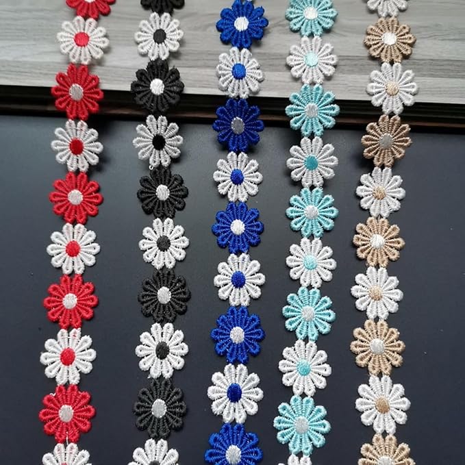 15 Yards Daisy Flower Lace Trim Embroidered Floral Lace Sewing Trim Ribbons for Embellishment Craft Dress Hair Accessories Decorations(Black/White)