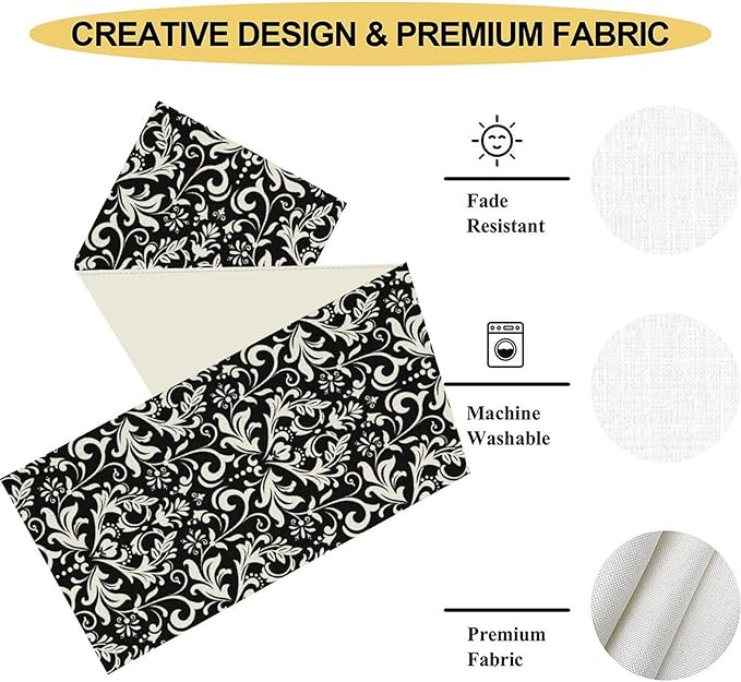 Black Damask Table Runner, Rustic Vintage Floral Antique Victorian Style Print Table Decor for Home Kitchen Dining Patio Holiday Party Indoor Outdoor Table Decorations 13x108 inch