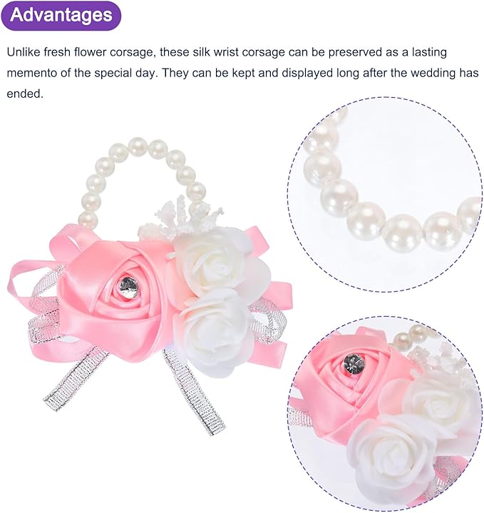 MECCANIXITY 3Pcs Wrist Corsage Artificial Flower Bracelets Rose Wrist Bride Groom Decorative for Wedding Ceremony Prom Party Anniversary Pink