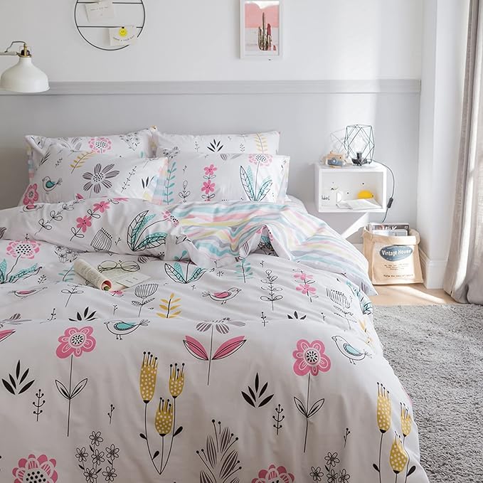 HighBuy Floral Printed Bedding Set Queen Duvet Cover Girls Cotton Comforter Cover Garden Aesthetic Reversible Striped Bedding Sets 3 Piece Queen Bed Boho Comforter Cover Duvet Cover Set