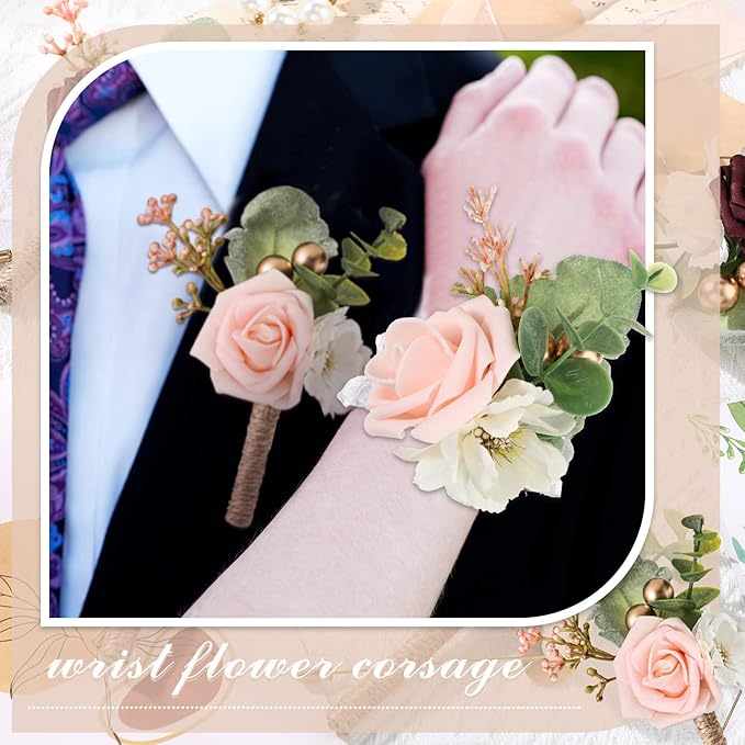 12 Pcs Wedding Wrist Corsage and Boutonniere Set Rose Wrist Corsage for Prom Boutonniere for Men Wedding Flowers Accessories Prom Suit Decorations for Wedding Ceremony Anniversary (Pink)