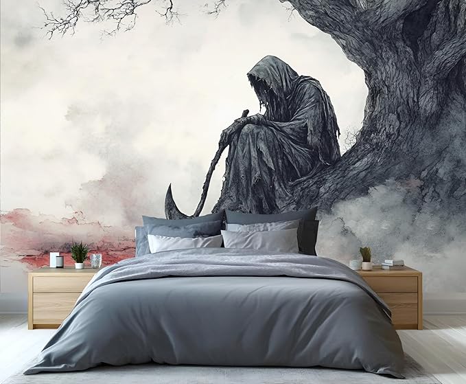 Grim Reaper Sitting Tree Wall Mural, Gothic Death 3D Wall Murals, Gothic Halloween Themed Wallpaper Mural, for Living Room Bedroom Large Wallpaper Indoor Decor 59" W x39.4 H