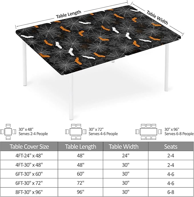 Rectangle Table Cloth Cover Waterproof Elastic Fitted Polyester Fitted Tablecloths for 6 Foot Tables for Indoor,Picnic, Camping, Outdoor （60" x 30"，Halloween）