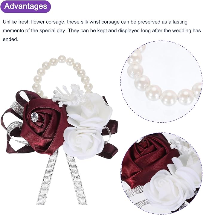 MECCANIXITY 3Pcs Wrist Corsage Artificial Flower Bracelets Rose Wrist Bride Groom Decorative for Wedding Ceremony Prom Party Anniversary Wine Red