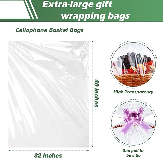 50 Packs 32" x 40" Cellophane Bags for Basket Extra-large Jumbo Clear Cellophane Wraps Clear Huge Cello Bags for Baskets, Gifts, Christmas Trees, Treats, Arts and Crafts, 50ct Ribbon Bows
