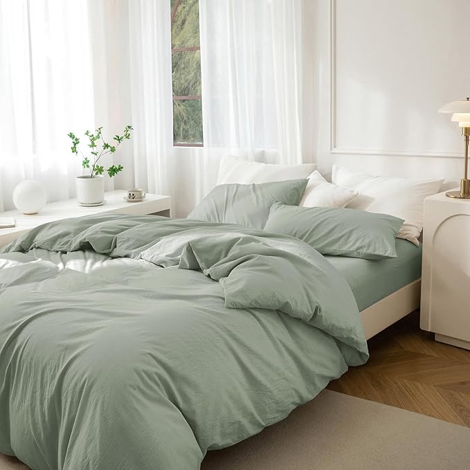 JIYUAN 100% Washed Cotton Duvet Cover Set 3 PCS Oversized King, 1 Duvet Cover 120"x98" (Comforter Not Included) and 2 Pillowcases,Linen Feel Bedding Set Comfy and Breathable, Heathered Sage Green