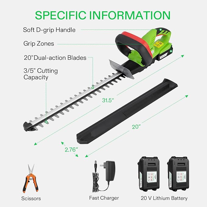 VIVOSUN 20" Cordless Hedge Trimmer, 20V Electric Bush Trimmer, 1400 RPM Shrub Trimmer, Dual-Action Laser Blade, 3/5" Cutting Capacity, Lightweight & Compact, 2Pcs Batteries and Fast Charger Included