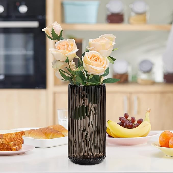 Flower Vase 7.5 inch Amber Thickened Hand Blow Glass Vase Round Vintage Striped Bottles for Bookshelf,Dinner Table,Indoor Office Desktop,Meeting Room,Bathroom,Countertop,Home