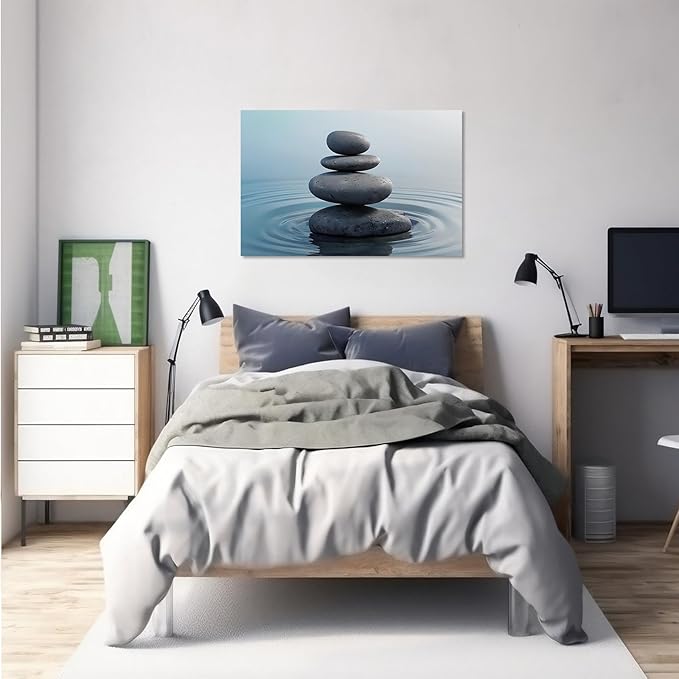 Zen wall art Harmonious grey stones stacked on a calm surface of water Serene Zen decor suitable for tranquil homes and spaces of meditation 28x40in Frameless