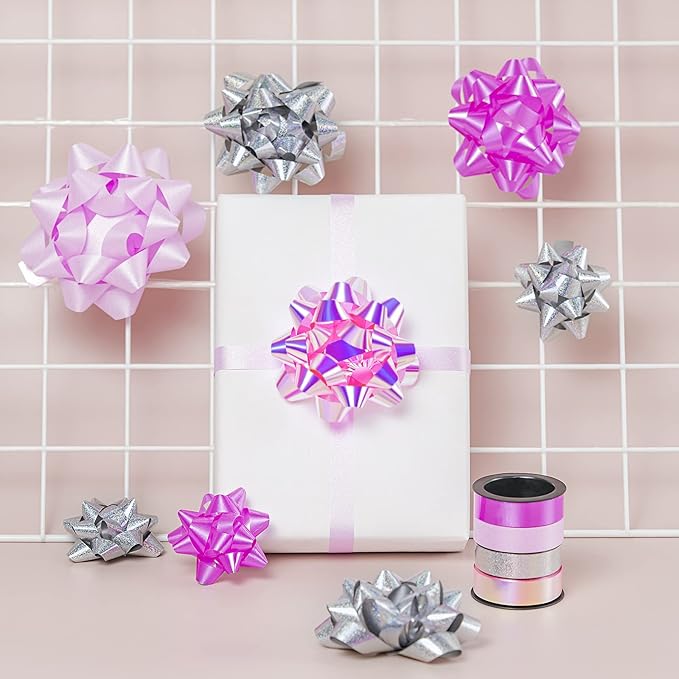 WRAPAHOLIC 16 Pcs Gift Bows Assortment - 14 Multi Colored Assorted Size Gift Bows (Pink, Fushcia, Silver) and 2 Crimped Curling Ribbons, Perfect for Christmas, Holiday, Party