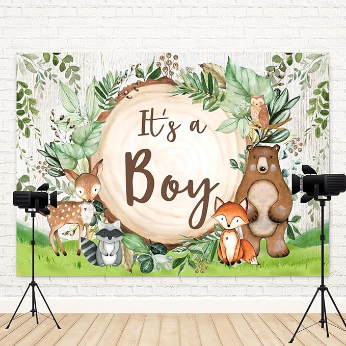 10x8ft Woodland Baby Shower Backdrop It's a Boy Photography Background Jungle Green Grass Safari Animals Bear Fox Baby Boys Party Banner Decorations Newborn Portrait Photo Booth Prop