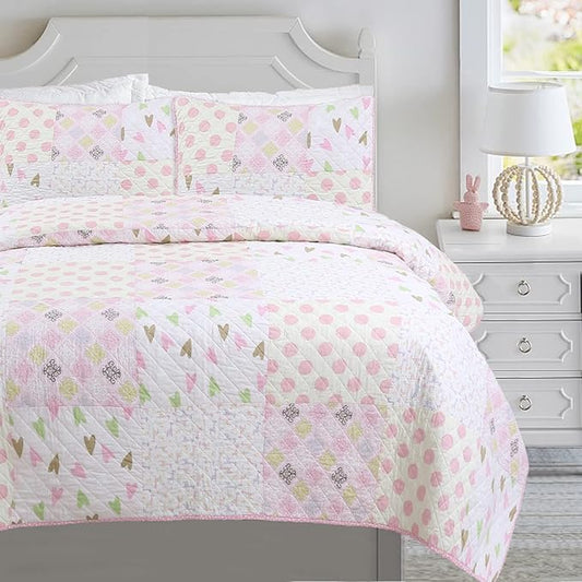 Cozy Line Home Fashions Pink Blue Green Heart Polka Dots Girl 100% Cotton Reversible Quilt Bedding Set, All-Season Coverlet, Bedspreads (Helaine Patchwork, Twin-2 Piece)