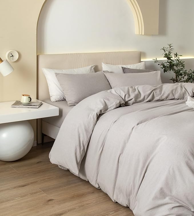 JIYUAN 100% Washed Cotton Duvet Cover Set 3 Pieces Super King, 1 Duvet Cover 108x98 Inches(Comforter Not Included) and 2 Pillowcases,Linen Feel Bedding Set Comfy and Breathable, Heathered Cream Grey