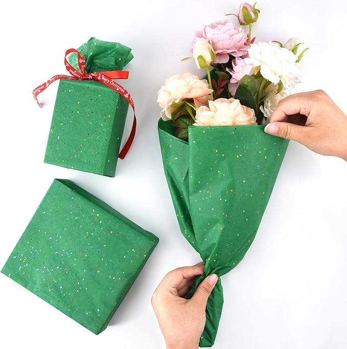 NEBURORA Glitter Tissue Paper for Packaging 50x66cm White Green Red Tissue Paper for Christmas Gift Wrapping Bouquet Packaging Craft Paper for Christmas Party Supplies 30 Sheets