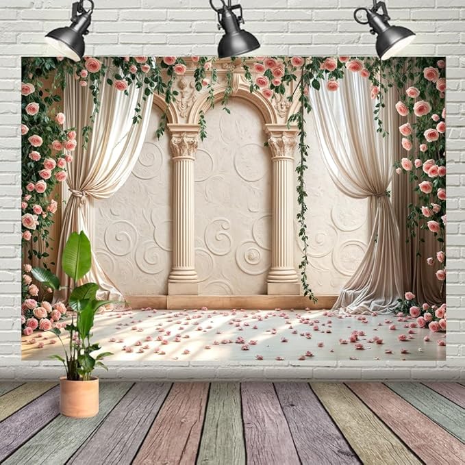 Wedding Party Backdrop, Floral Grass Wall White Sheer Curtain Flower Arch Photography Background, Greek Rose Wall Arch Lover Marriage Proposal Bridal Reception Photo Booth Props Banner 5x3ft