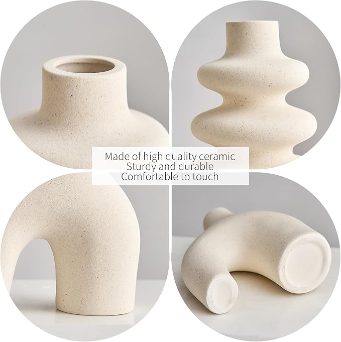 White Ceramic Vase Set of 3, Modern Boho Vases for Home Decor, Small Flower Vases for Pampas Grass, Round White Vases Centerpieces for Wedding Coffee Table Shelf Living Room Bedroom Entryway