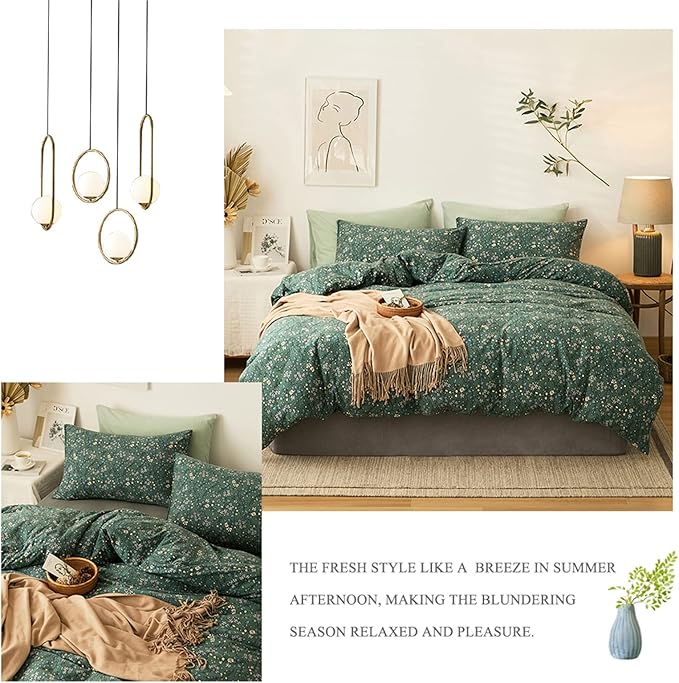 HighBuy Jersey Knit Cotton Duvet Cover King Green Floral 100% T-Shirt Cotton Comfy Bedding Sets Super Soft Garden Chic Comforter Cover King Size