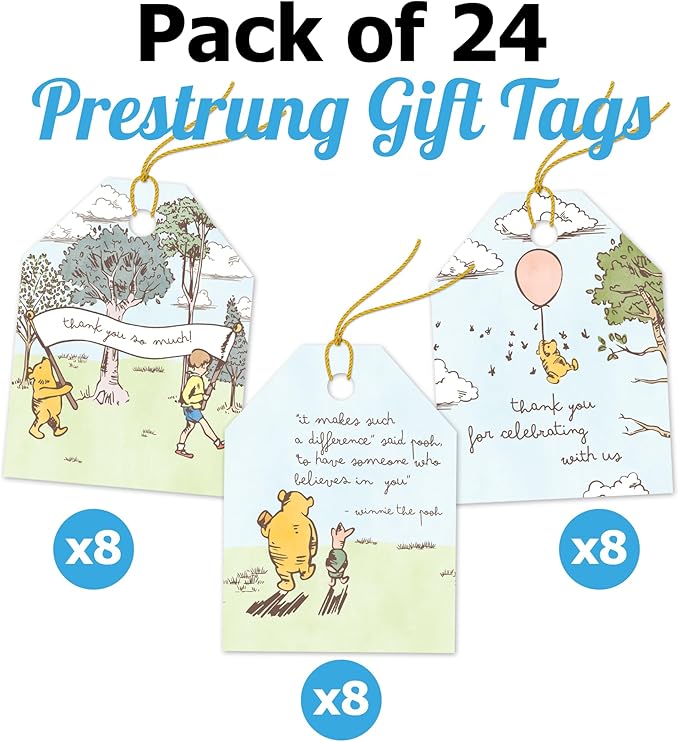 Pro Supply Global 24 Count of 2.5 Inch x 3 Inch Pre Strung Winnie The Pooh Gift Tag Assorted Printed Designs on Large Cardstock Gift Hang Tags - Ideal to Use on Bags