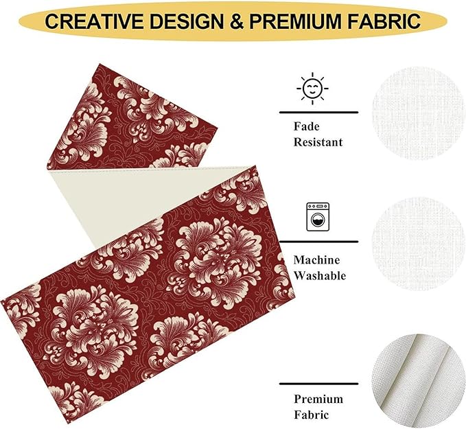 Vintage Damask Table Runner, Red Classical Luxury Old Fashioned Damask Royal Victorian Flora Print Table Center Decor for Family Kitchen Table Decorations Indoor Outdoor 13x72 inch