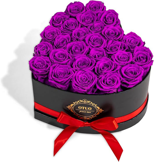 27 Preserved Roses in Heart-Shaped Box, Flowers for Delivery Prime Last up 2 Years, Real Forever Flowers for Wife, Girlfriend, Mother, Eternal Roses for Anniversary - Purple
