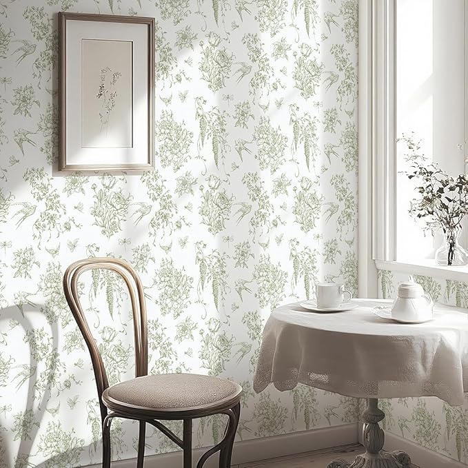 Floral Birds Wallpaper Peel and Stick Green and White Contact Paper 16.9”x 118.1”Vintage Floral Self Adhesive Removable Wallpaper Green Flower Contact Paper for Bathroom Kitchen Decor